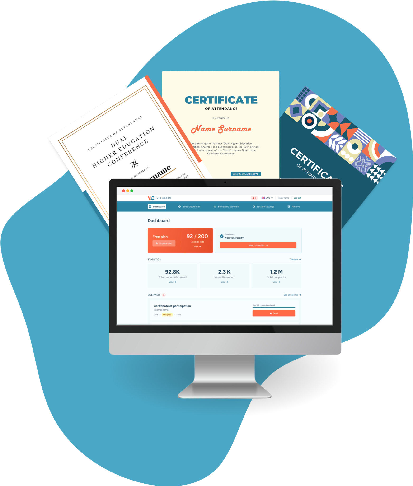 Velocert app on a computer with three certificates